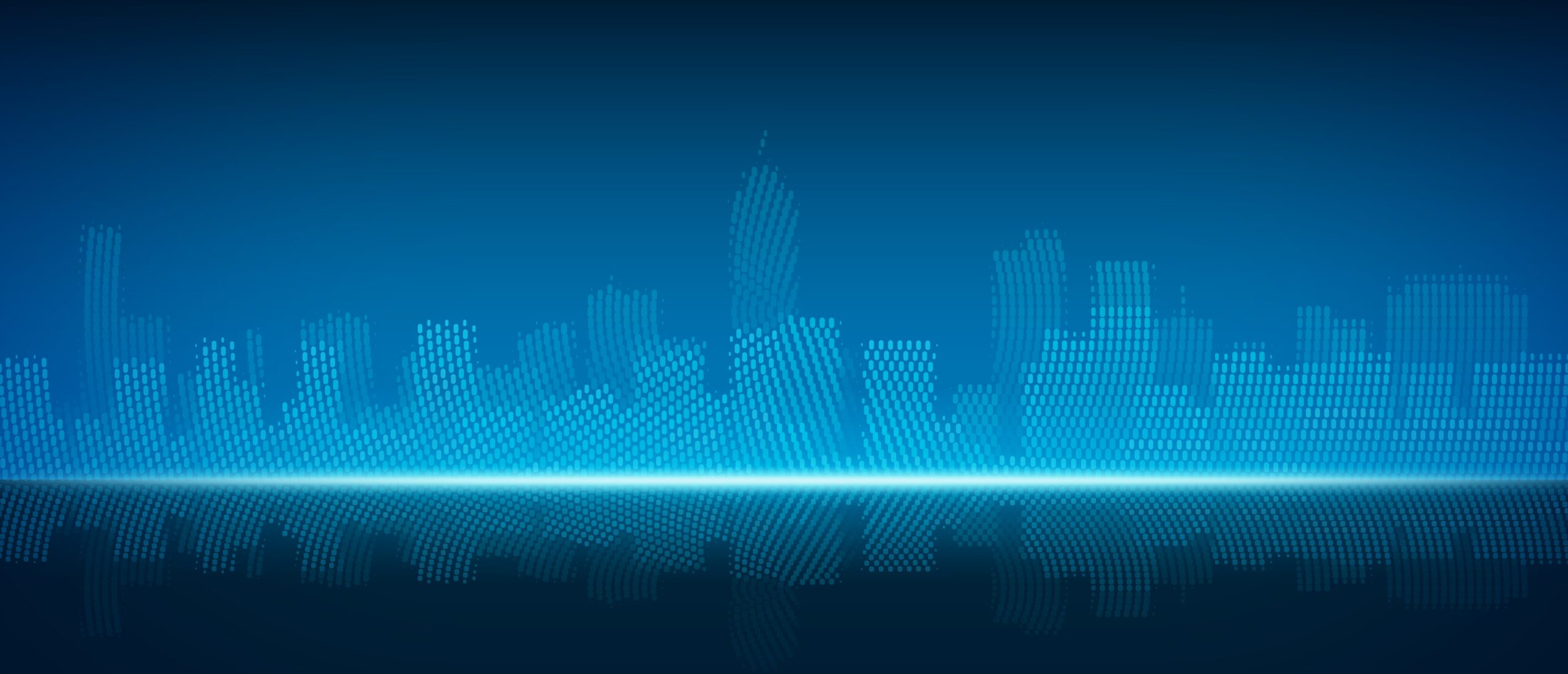 Abstract tech city skyline background. Vector realistic illustration of blue cityscape, modern building silhouettes and skyscrapers, futuristic communication technology, virtual reality, business banner
